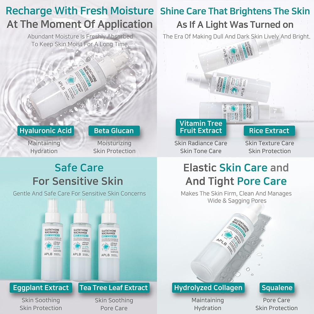 APLB Glutathione Niacinamide Mist Essence Centella 3x Complex soothes skin.