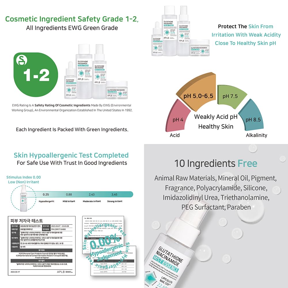 APLB Glutathione Niacinamide Mist Essence with hyaluronic acid balances hydration.