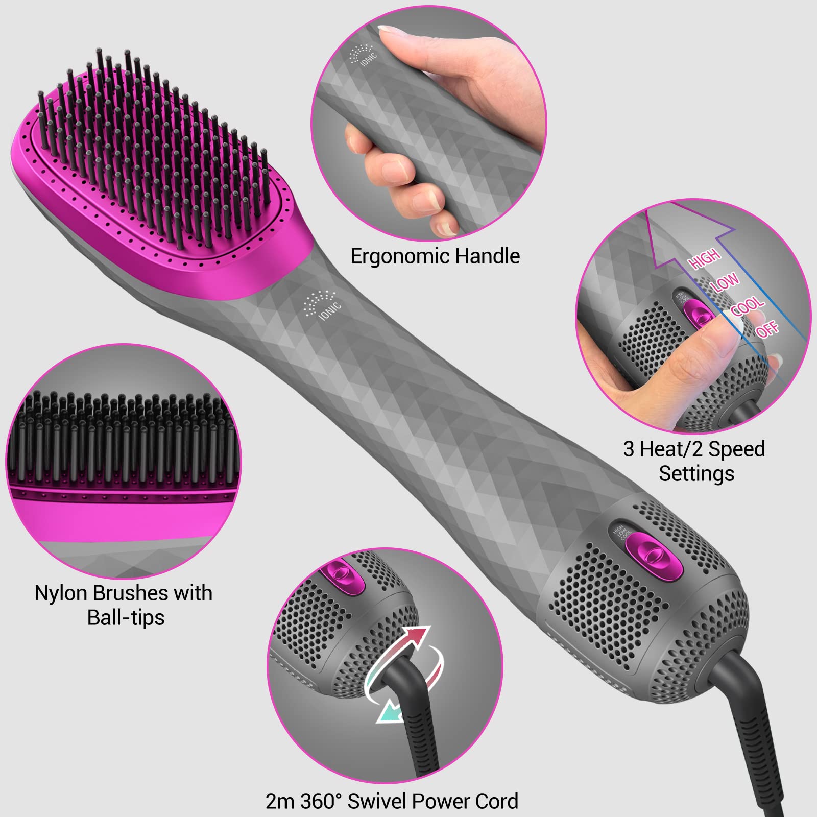 APOKE 3-in-1 hair dryer brush gray in drying action
