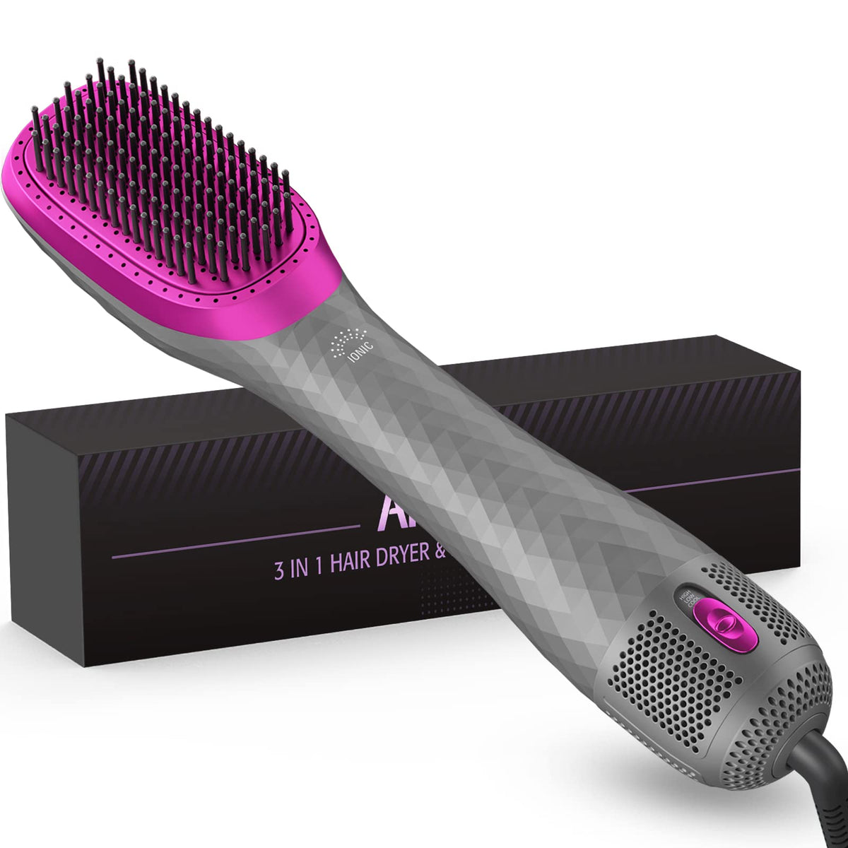 APOKE 3-in-1 hair dryer brush gray front view for quick styling
