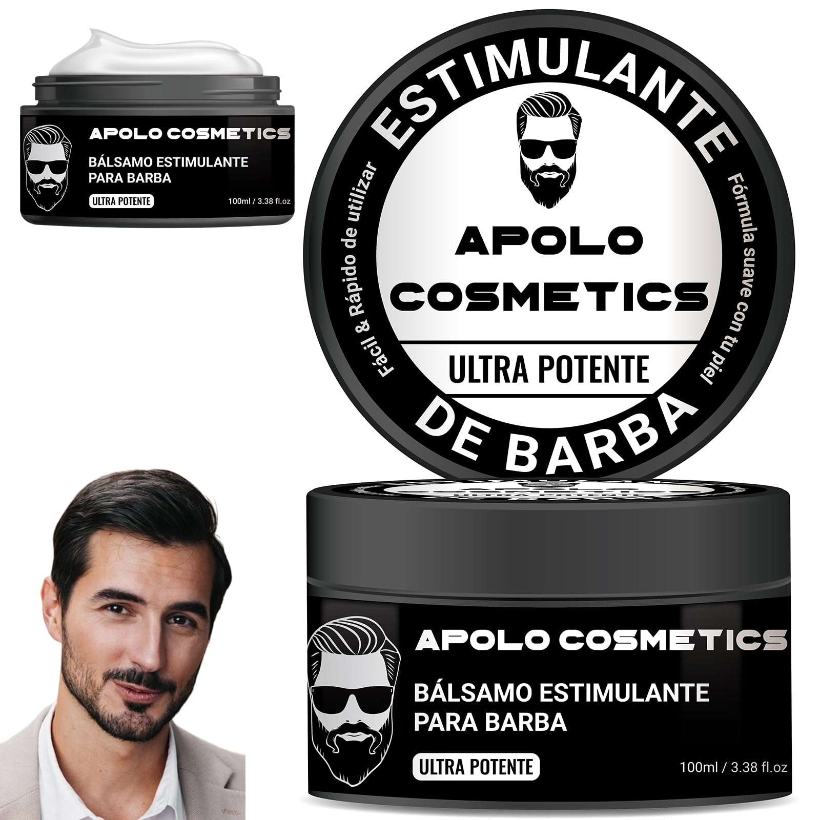 apolo cosmetics para barba balm jar closeup highlights nourishing beard care and non-greasy formula