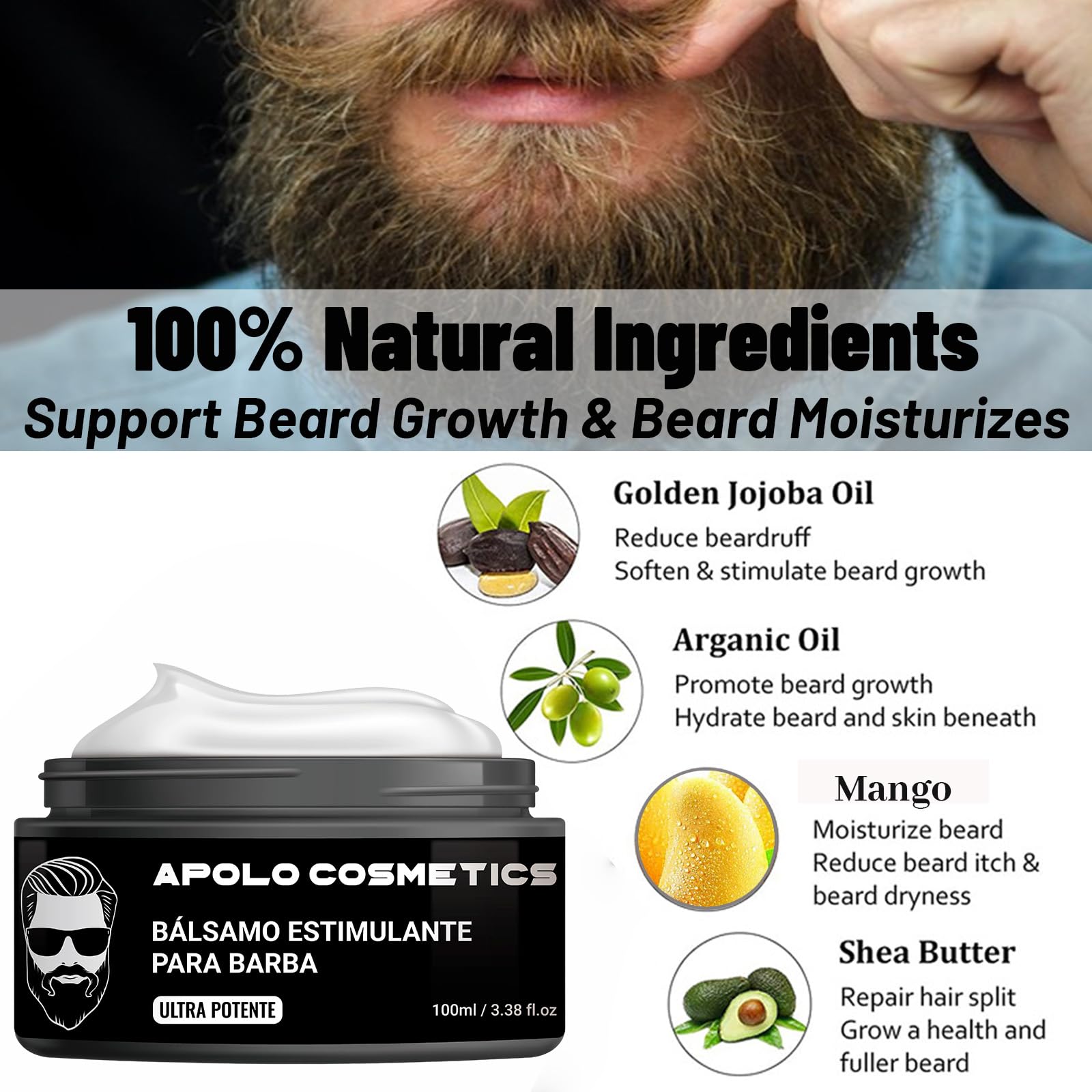 apolo cosmetics para-barba-beard-closeup highlights moisturized, soft-looking beard.