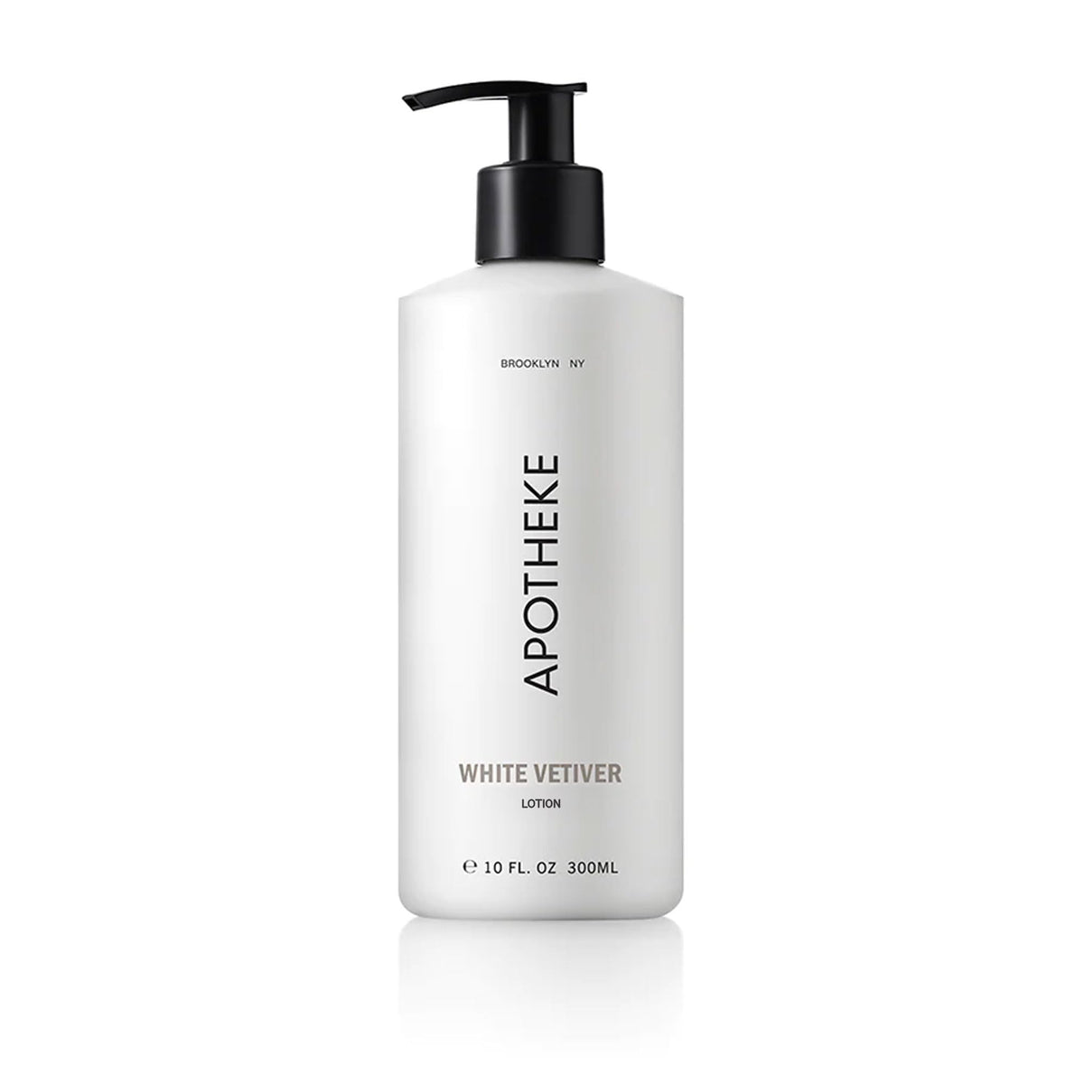 APOTHEKE White Vetiver bottle front with elegant packaging for daily nourishment and subtle fragrance