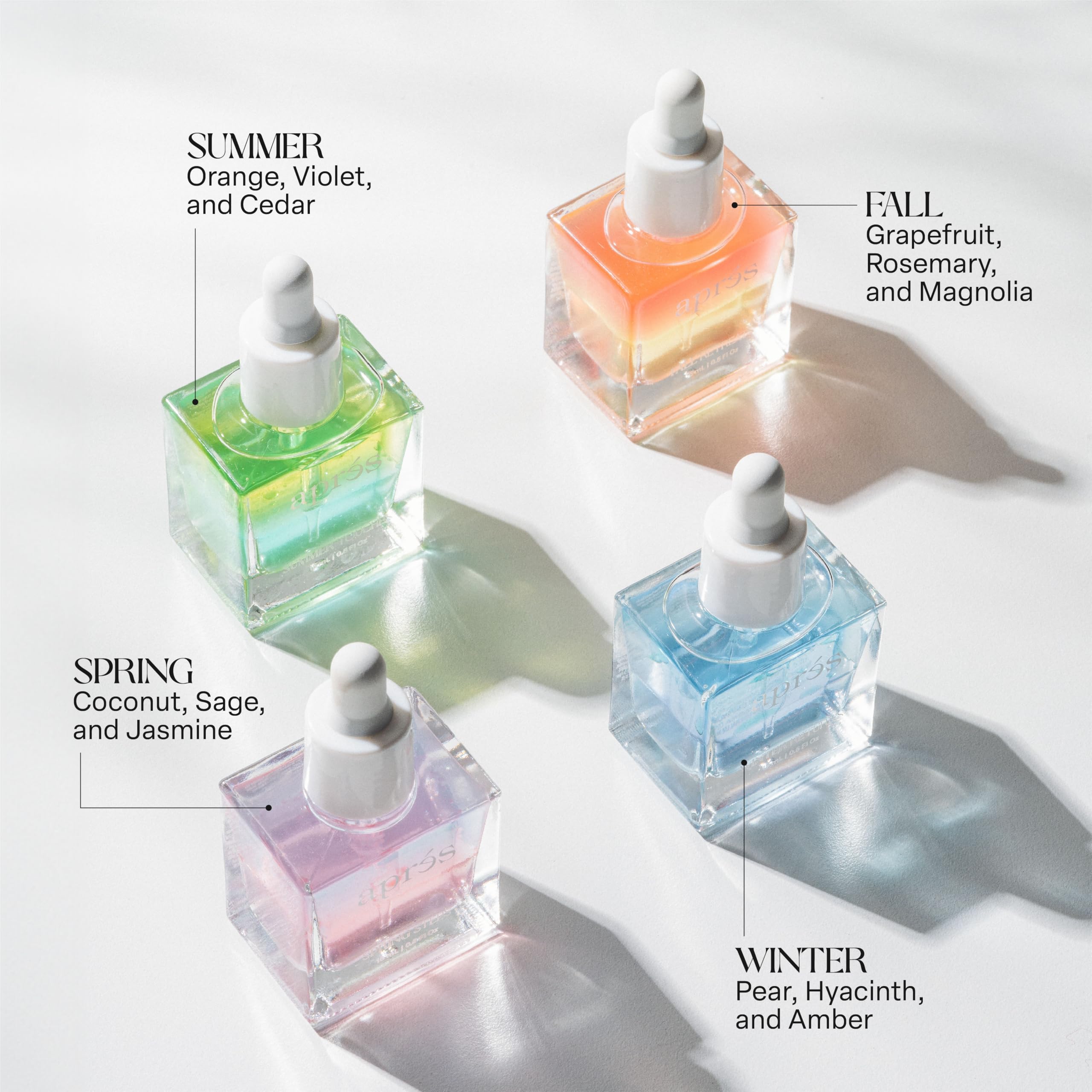 APRÉS Apres Light & Shadow Cuticle Serum fragrance variants—pear, hyacinth, amber aroma for serenity.