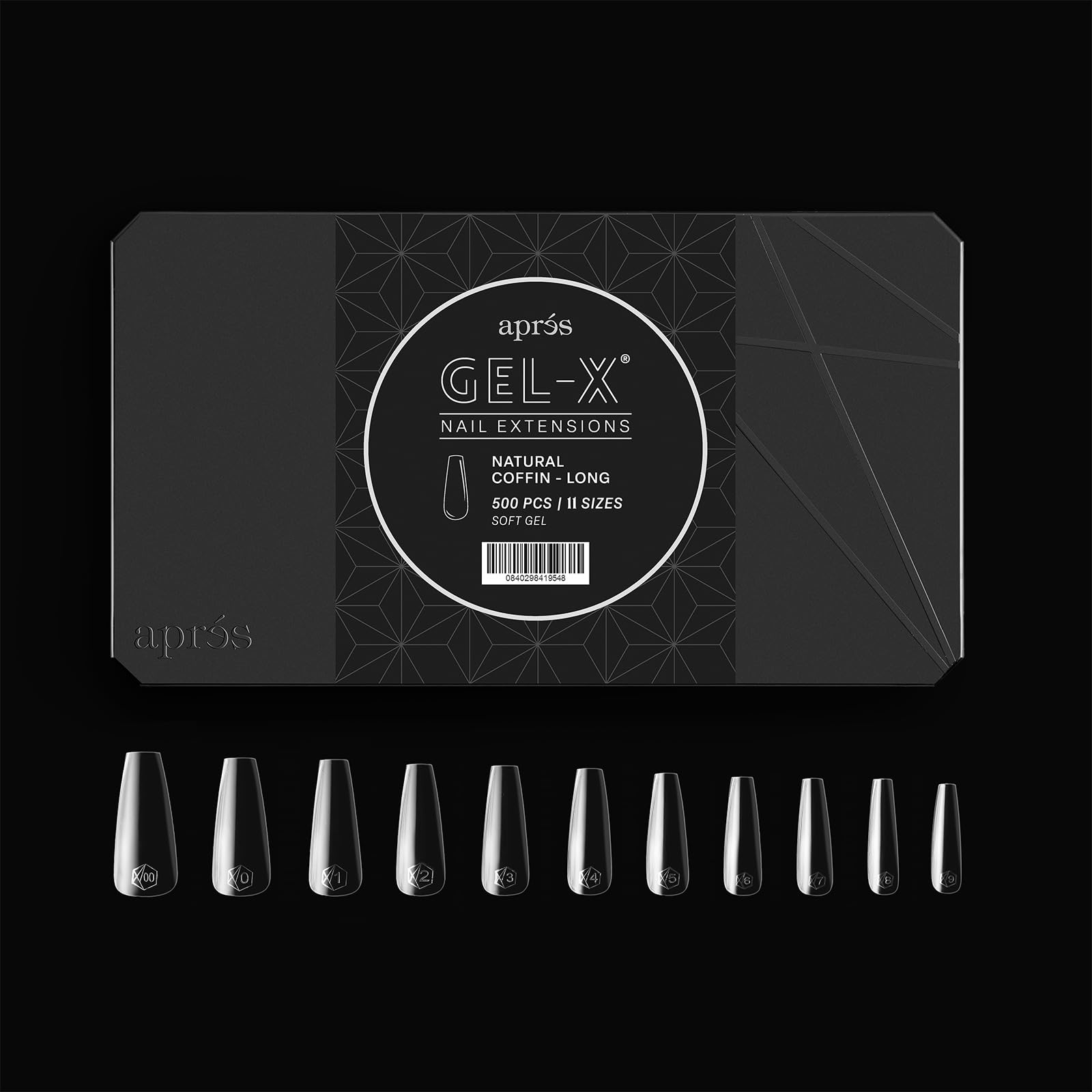 Aprés Gel-X 500pc tips inside box for quick, consistent nail applications.