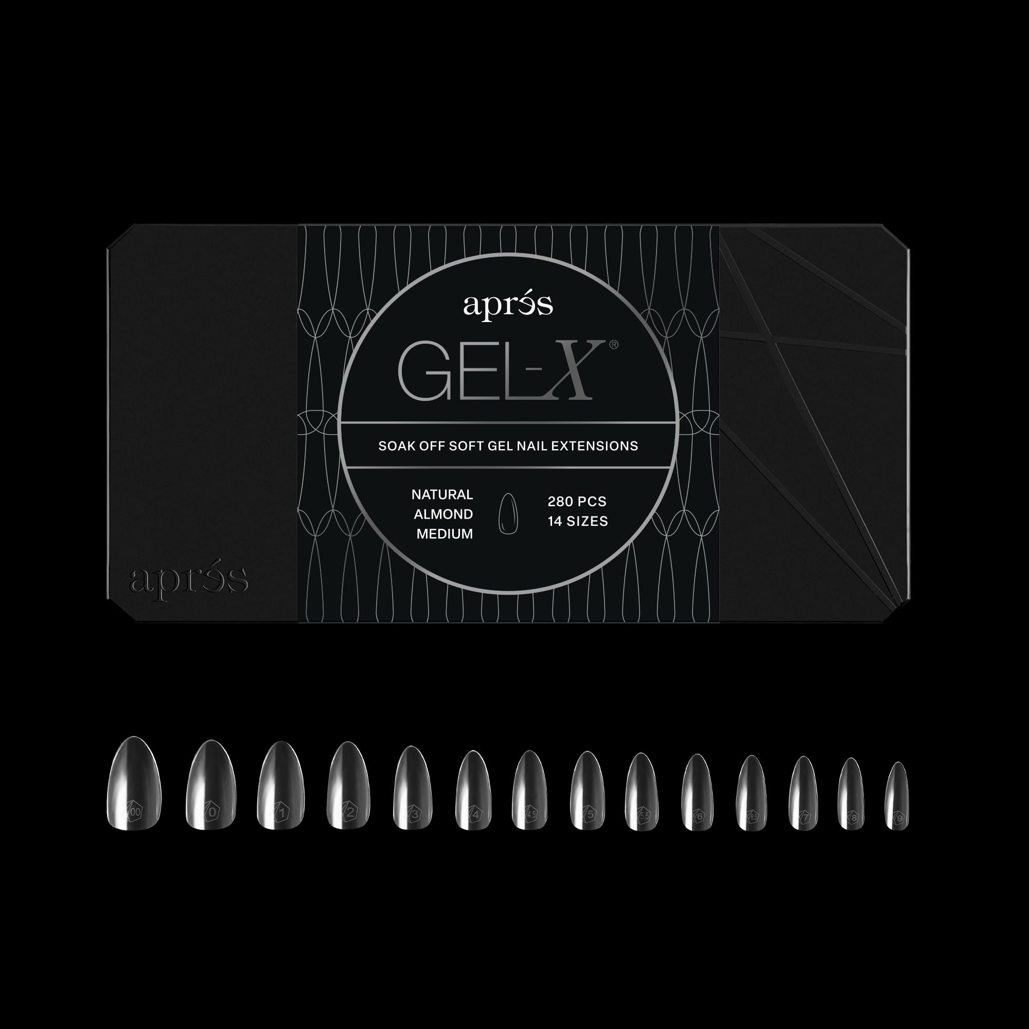 APRÉS Gel-X Almond box displays all 14 sizes for precise tip fitting and customization.