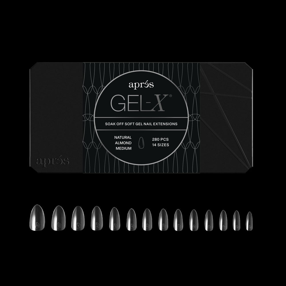 APRÉS Gel-X Almond box displays all 14 sizes for precise tip fitting and customization.