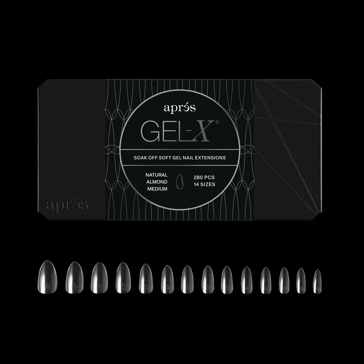 APRÉS Gel-X Almond box displays all 14 sizes for precise tip fitting and customization.