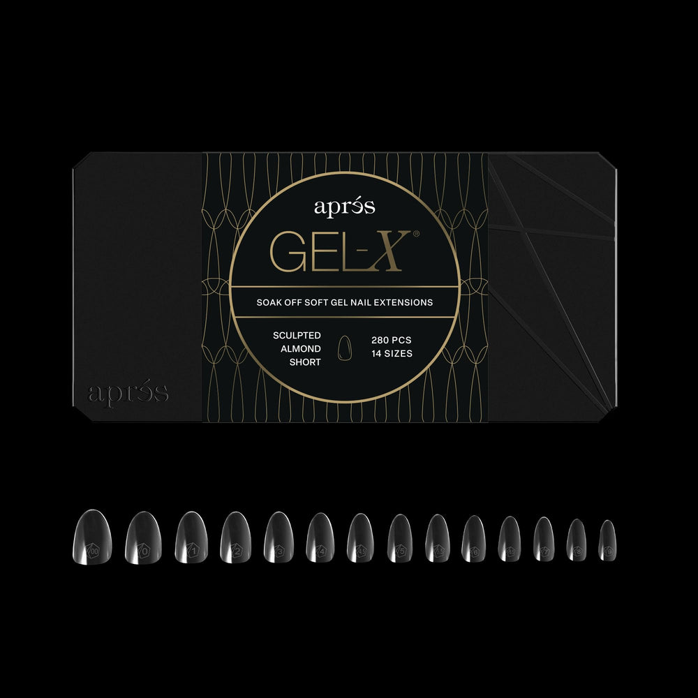 APRÉS Gel-X Almond box tips quick-fit sizing for diverse nail shapes.