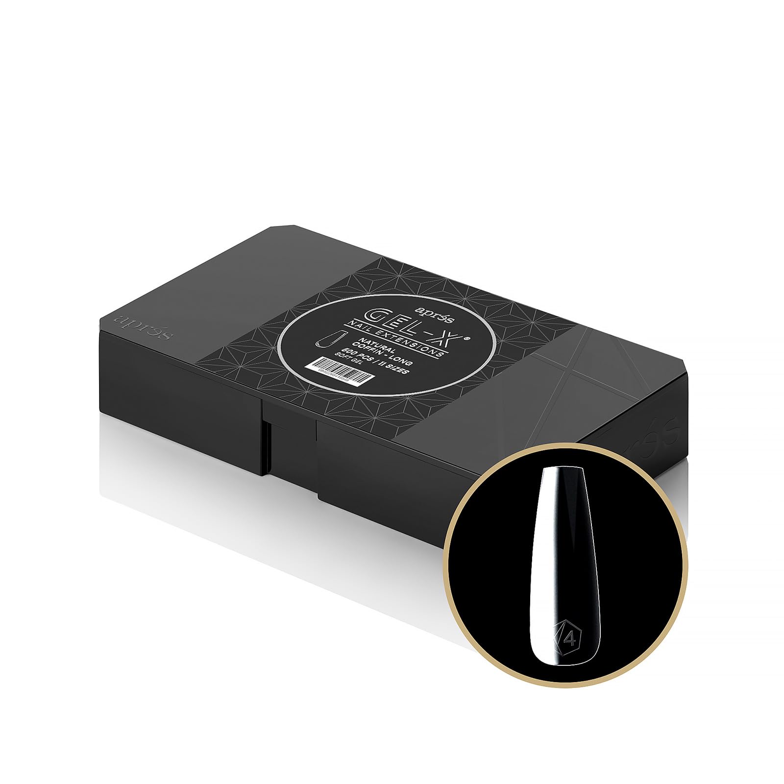 Aprés Gel-X natural coffin long-tip box cover showing premium packaging for easy tip selection.
