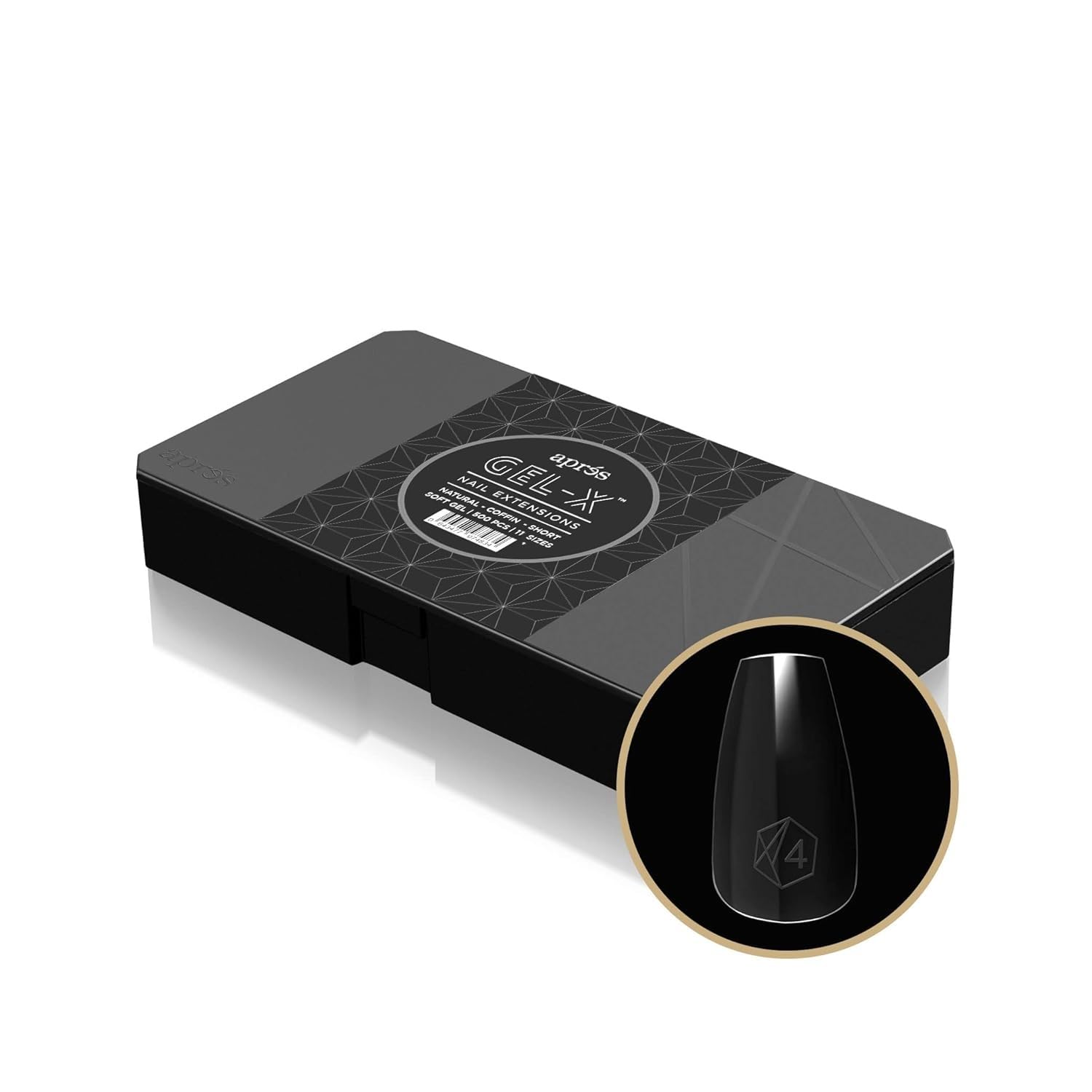 Aprés Gel-X natural coffin short tip box opened for precise, salon-ready nail extensions.