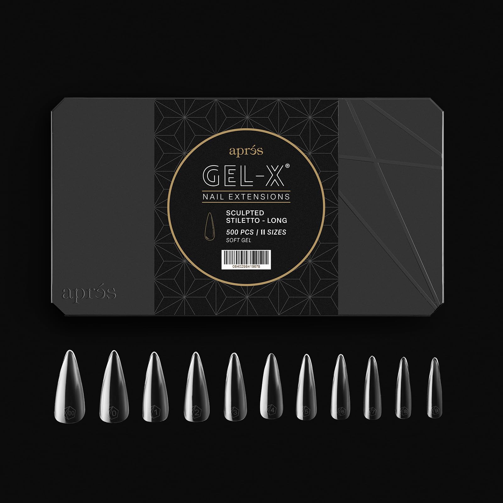 APRÉS Gel-X Sculpted Stiletto tips in open box display size variety.