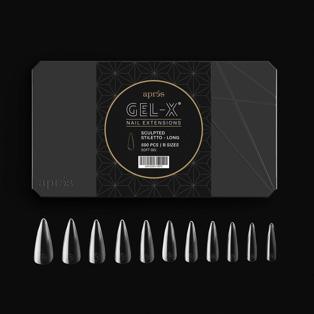 APRÉS Gel-X Sculpted Stiletto tips in open box display size variety.