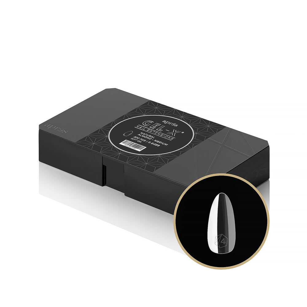 APRÉS Gel-X Soft Gel Tip Box front view highlights natural almond finish for premium nails.