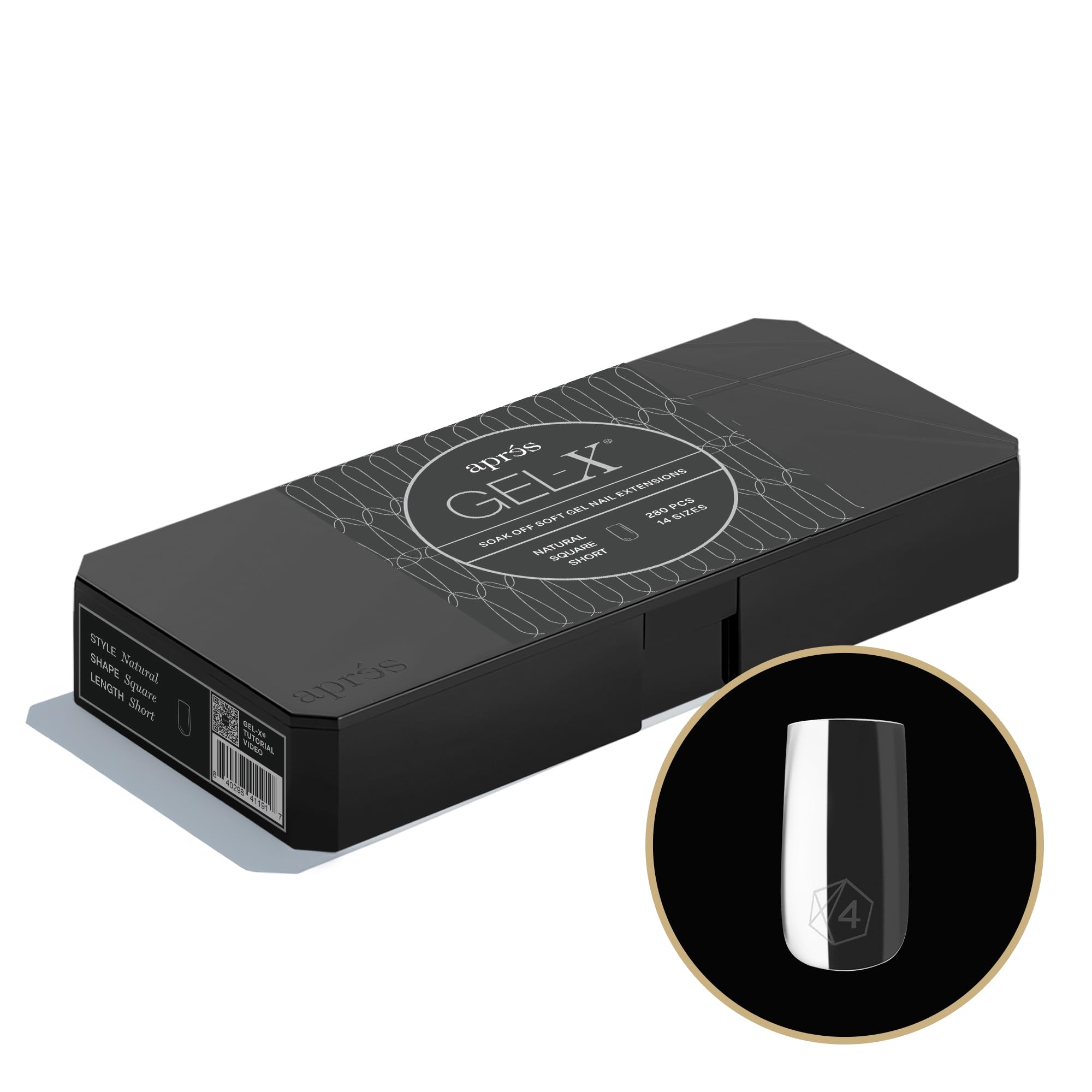 APRES Gel-X square tips 14-sizes display for precise fitting and customization.