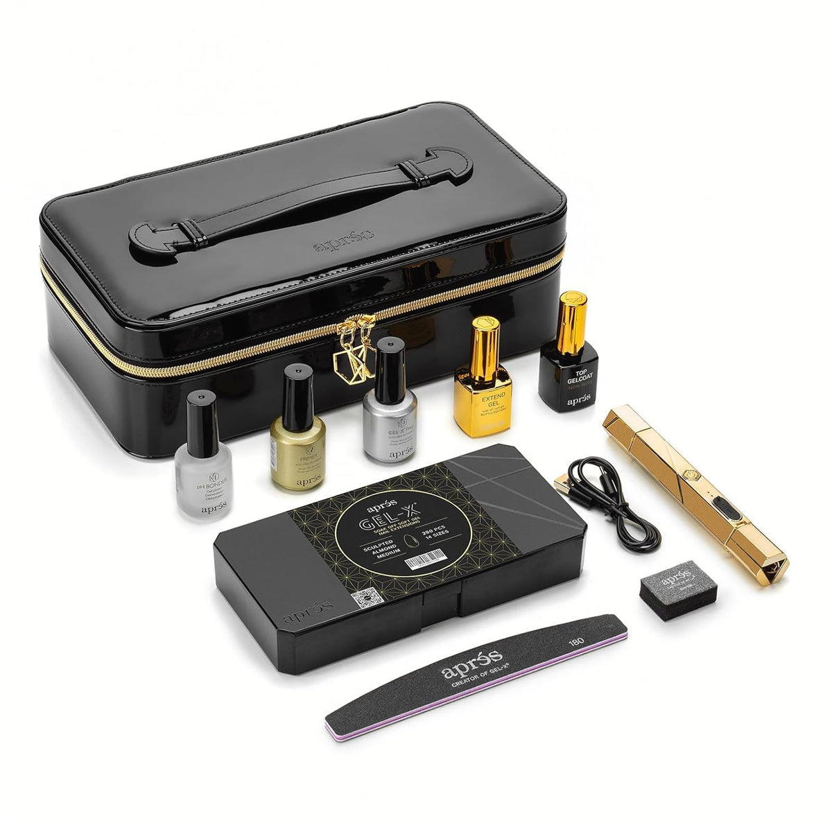 APRÉS Gel-X starter kit open box with varied sizes for fast, accurate gel extensions.