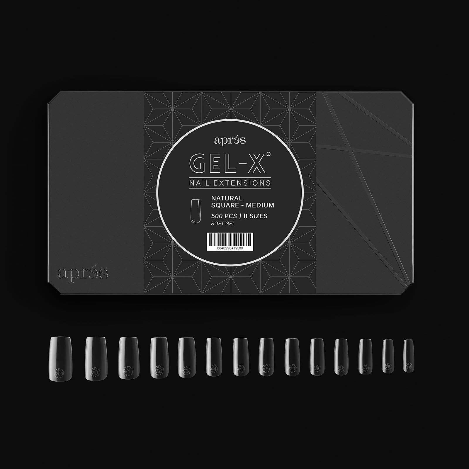 Apres Gel-X tips across 00–9 sizes for versatile nail shaping.