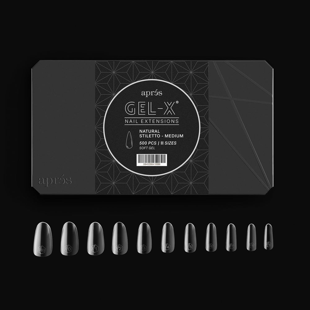 APRES Gel-X tips in 11 sizes (00–9) ensure precise fit for every nail shape