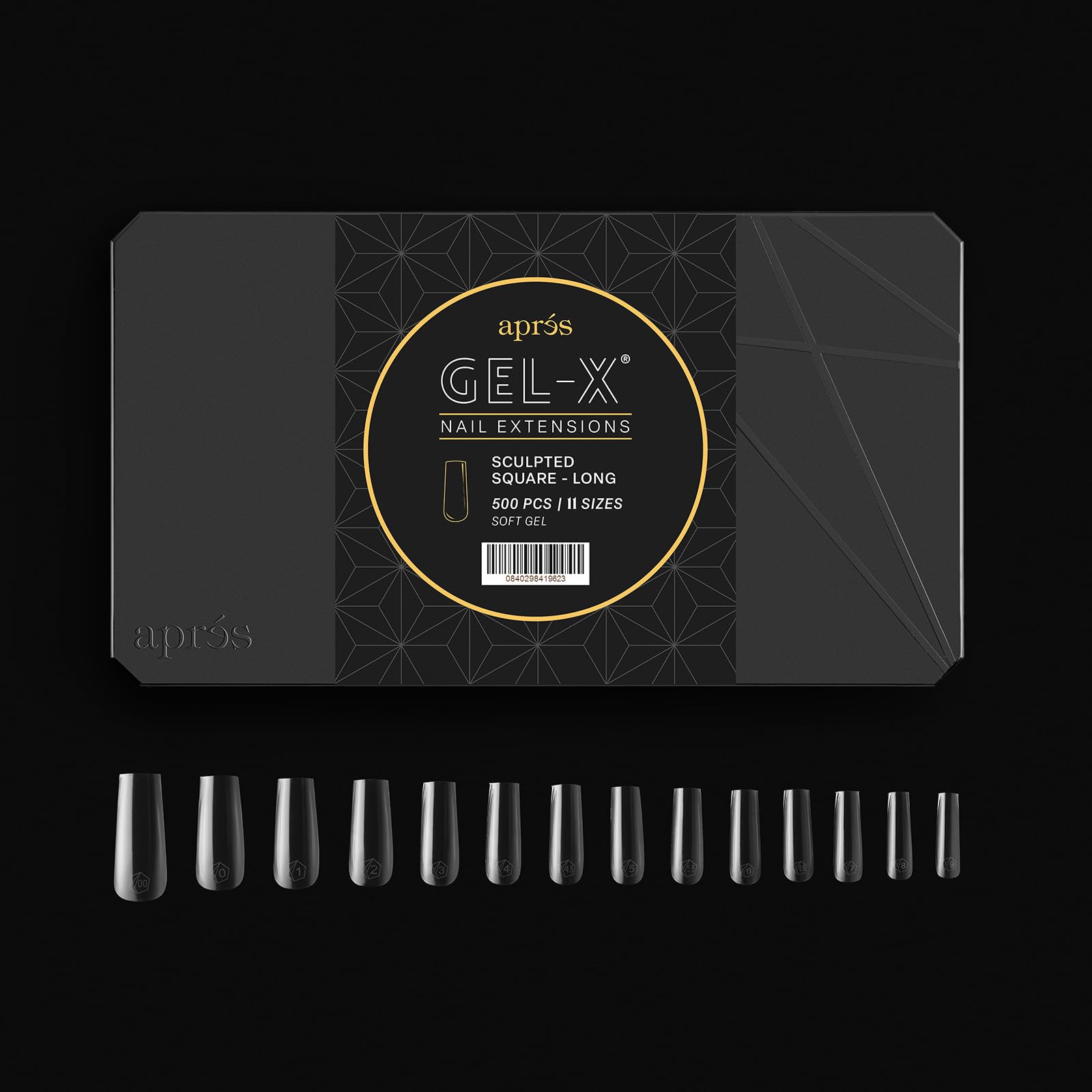 APRÉS Gel-X tips laid out across 11 sizes 00–9 for versatility