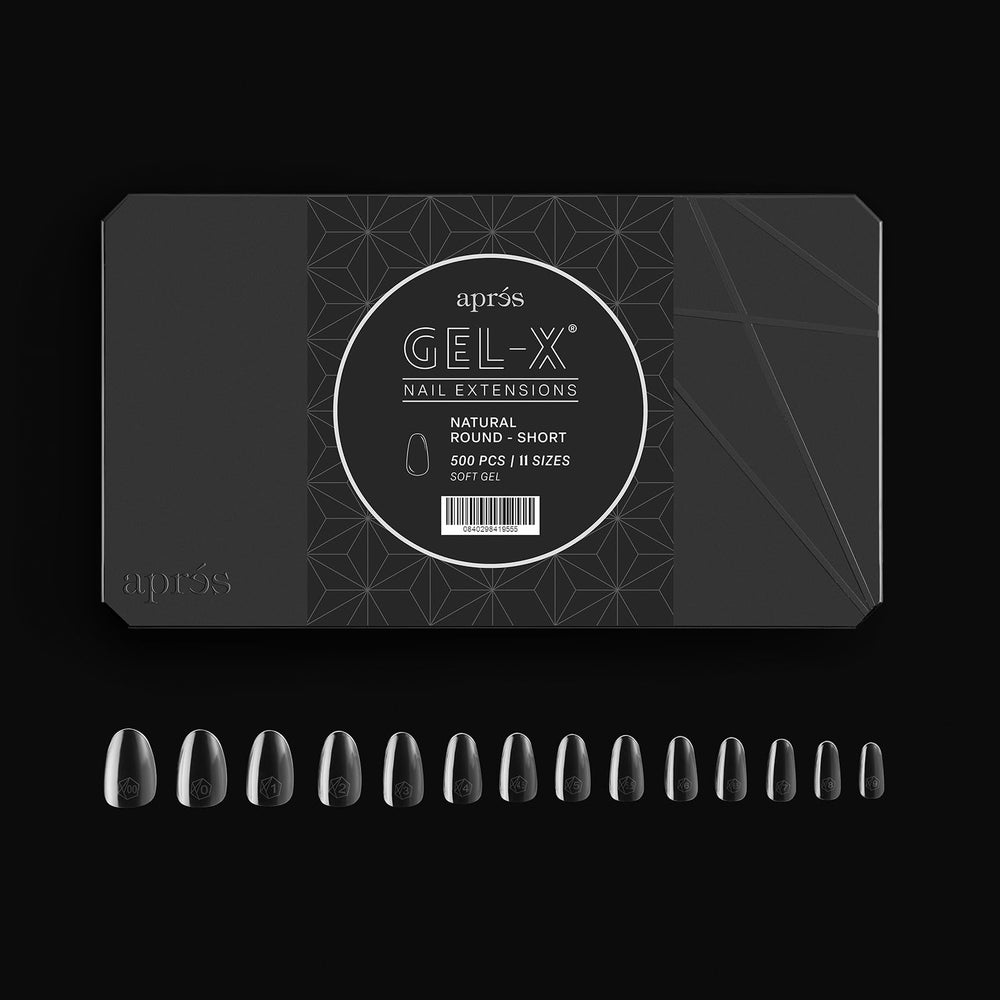 APRÉS Gel-X natural round short tips arranged in a tray for precise fit and easy selection.