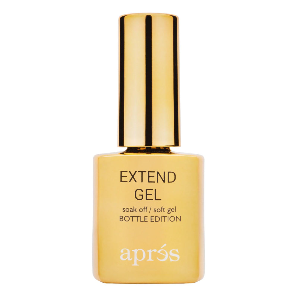 APRÉS Nail Extend Gel gold bottle closeup for easy Gel-X adhesion.