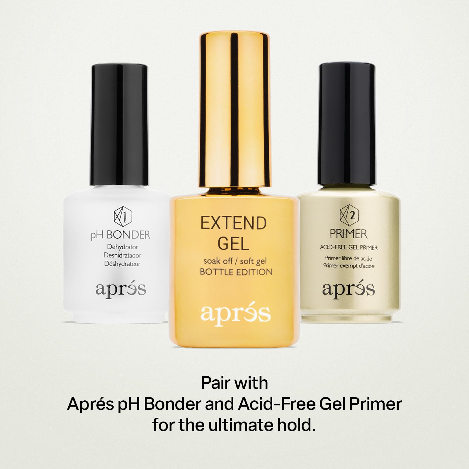 APRÉS Extend Gel packaging featuring gold bottle and included applicator.