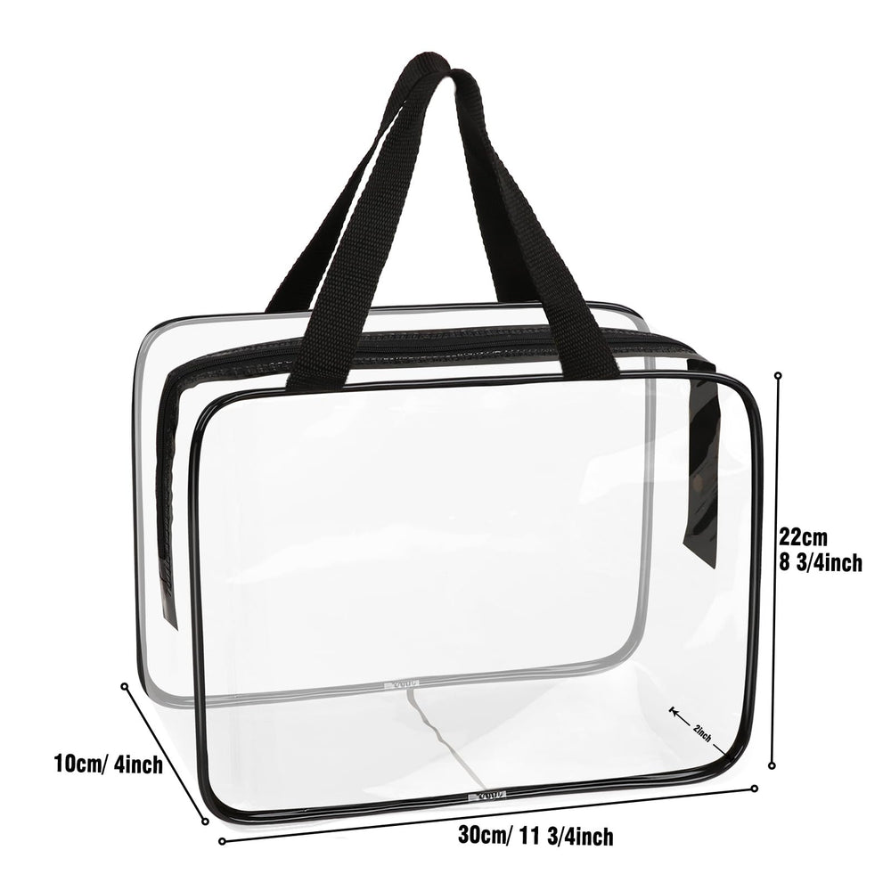 APREUTY clear makeup bag side view emphasizes slim profile for easy packing.