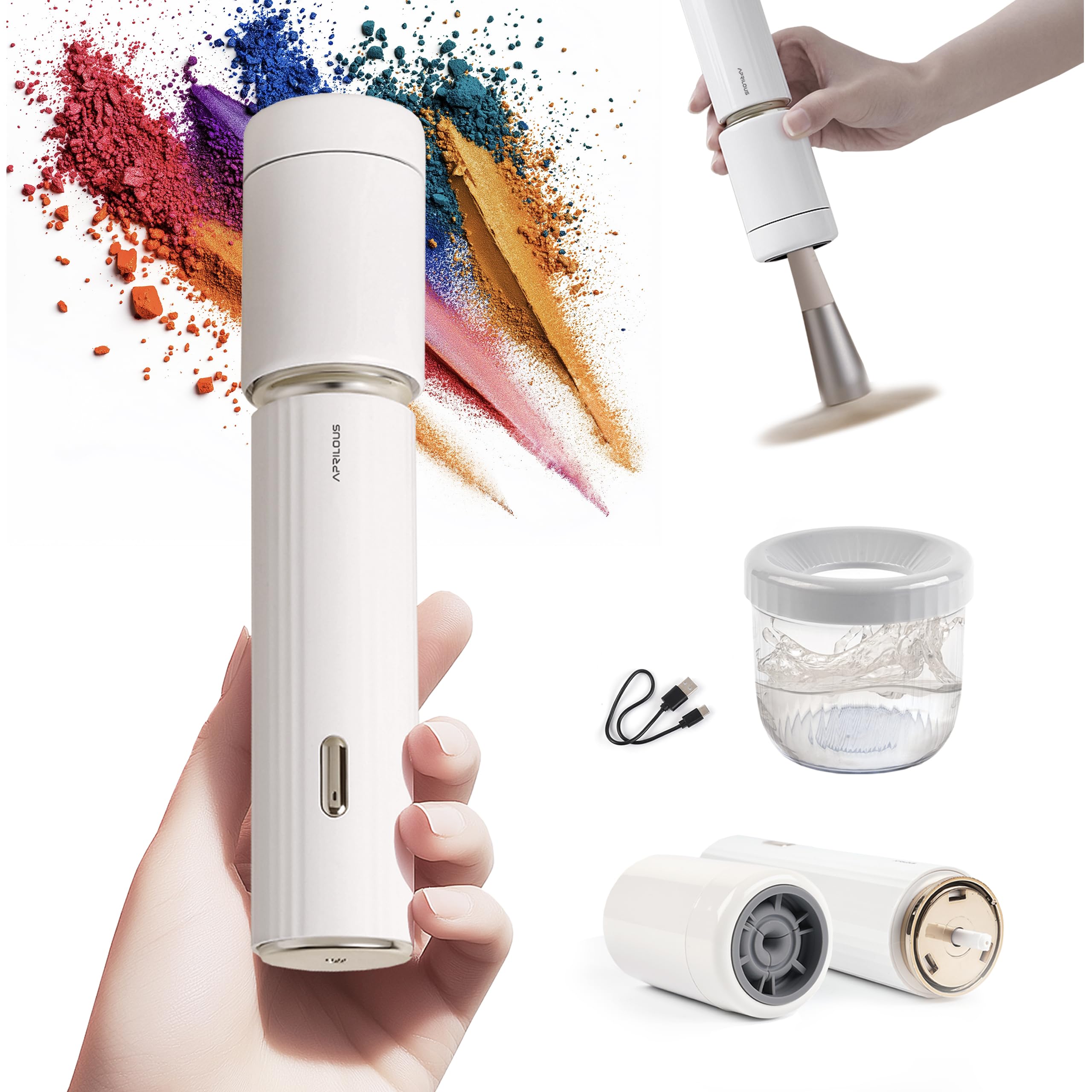 Aprilous electric makeup brush cleaner with universal collar fits 3–36mm brushes for easy cleaning.