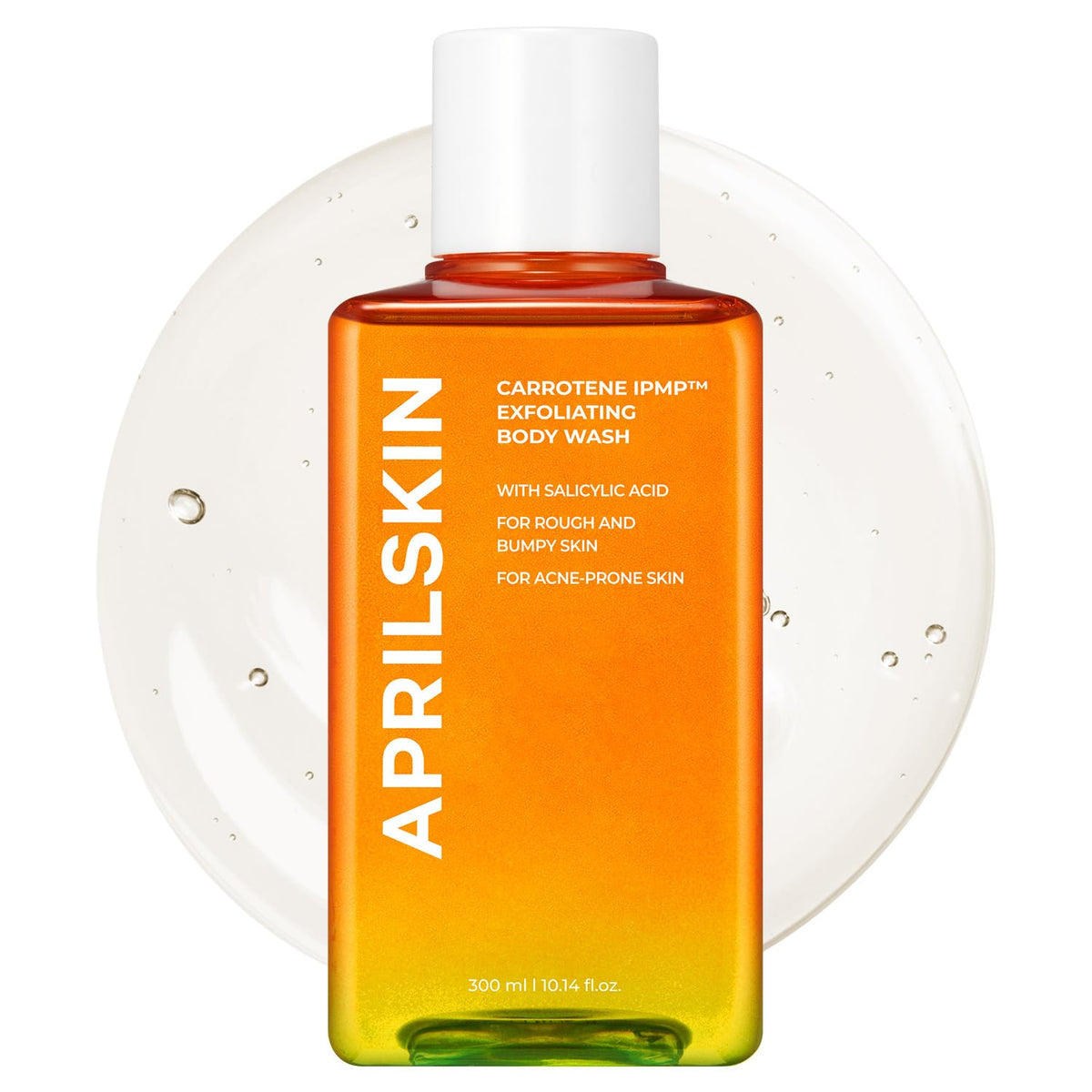 APRILSKIN Carrotene IPMP Exfoliating Body Wash bottle pour for gentle daily exfoliation