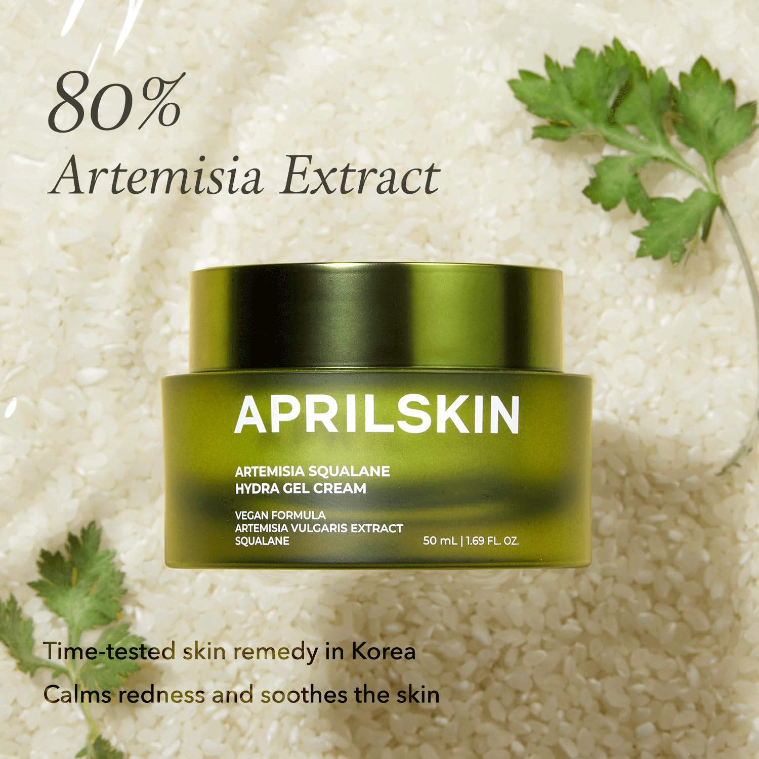 APRILSKIN Artemisia Squalane Hydra Gel Cream no-fragrance bottle close-up communicates fragrance-free comfort.