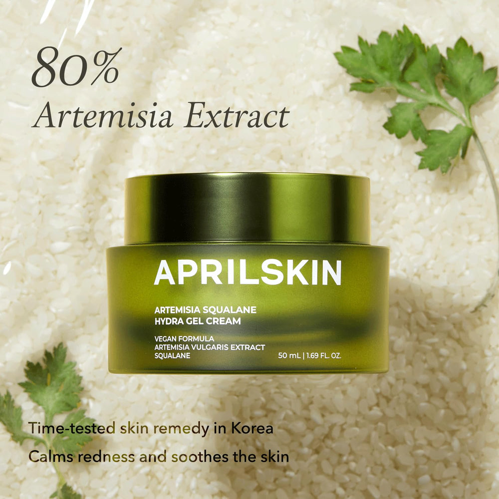 APRILSKIN Artemisia Squalane Hydra Gel Cream no-fragrance bottle close-up communicates fragrance-free comfort.