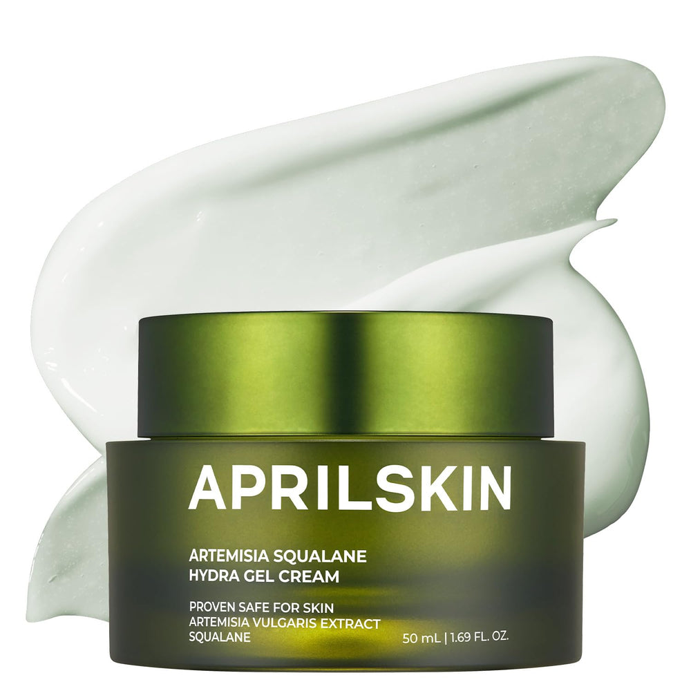 APRILSKIN Artemisia Squalane Hydra Gel Cream packaging highlights vegan formula for sensitive skin.