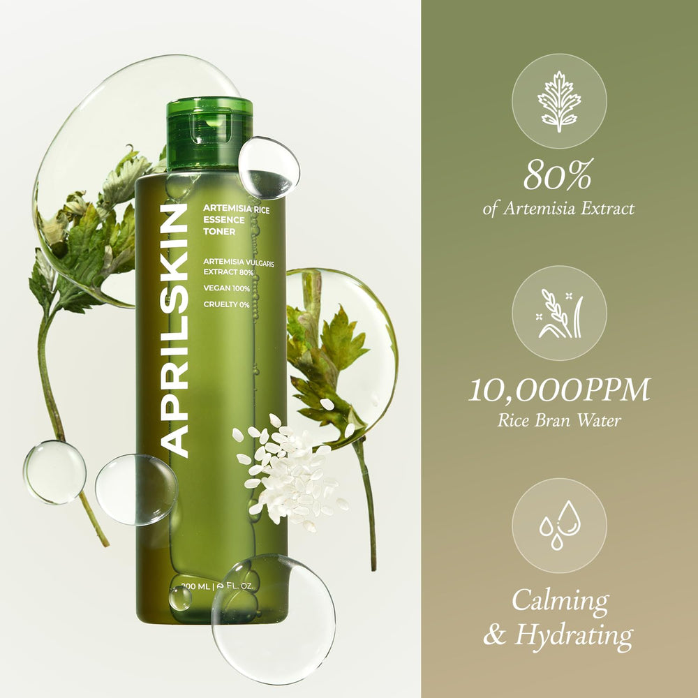 APRILSKIN Artemisia toner ingredients label highlights mugwort and rice bran benefits for glow.