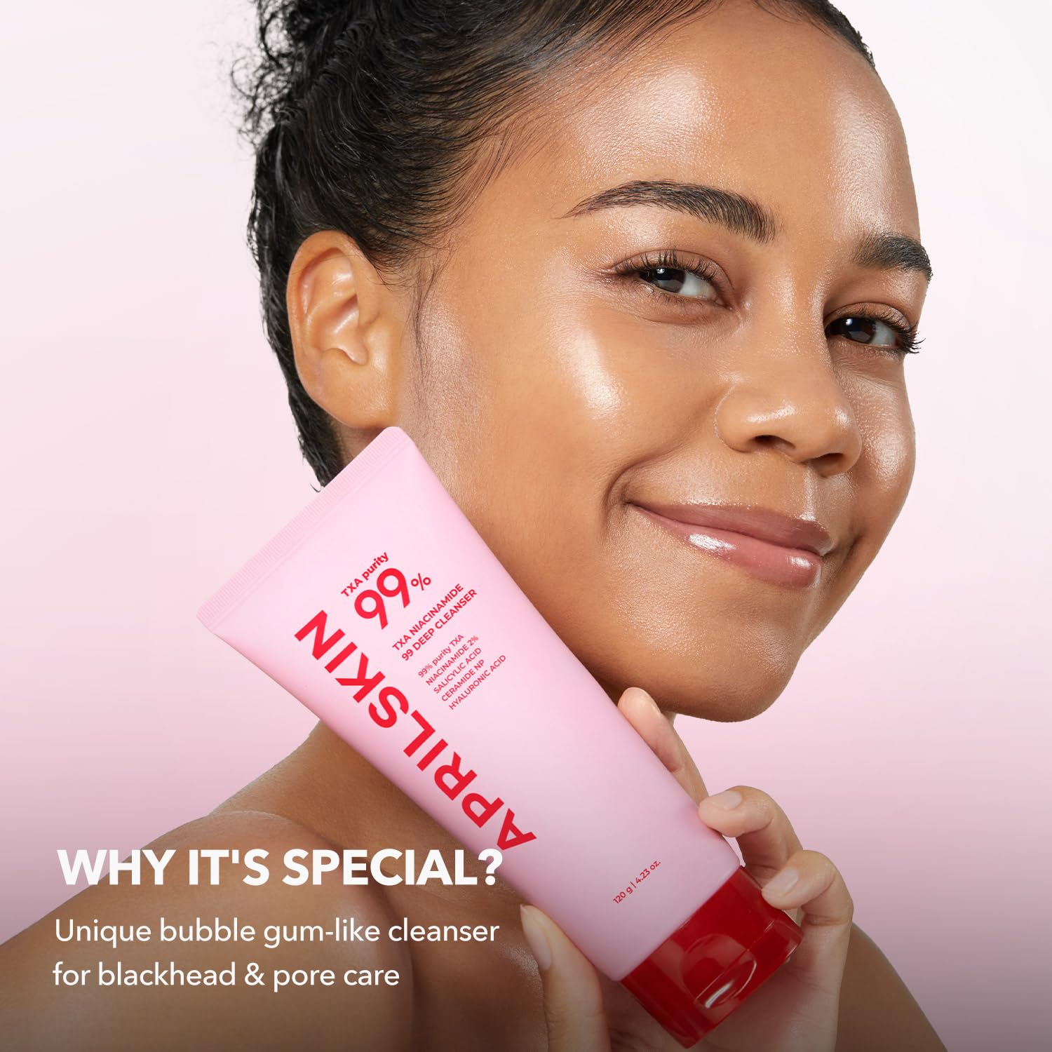 APRILSKIN Bubble Gum cleanser foam closeup shows pink texture and cleansing action.