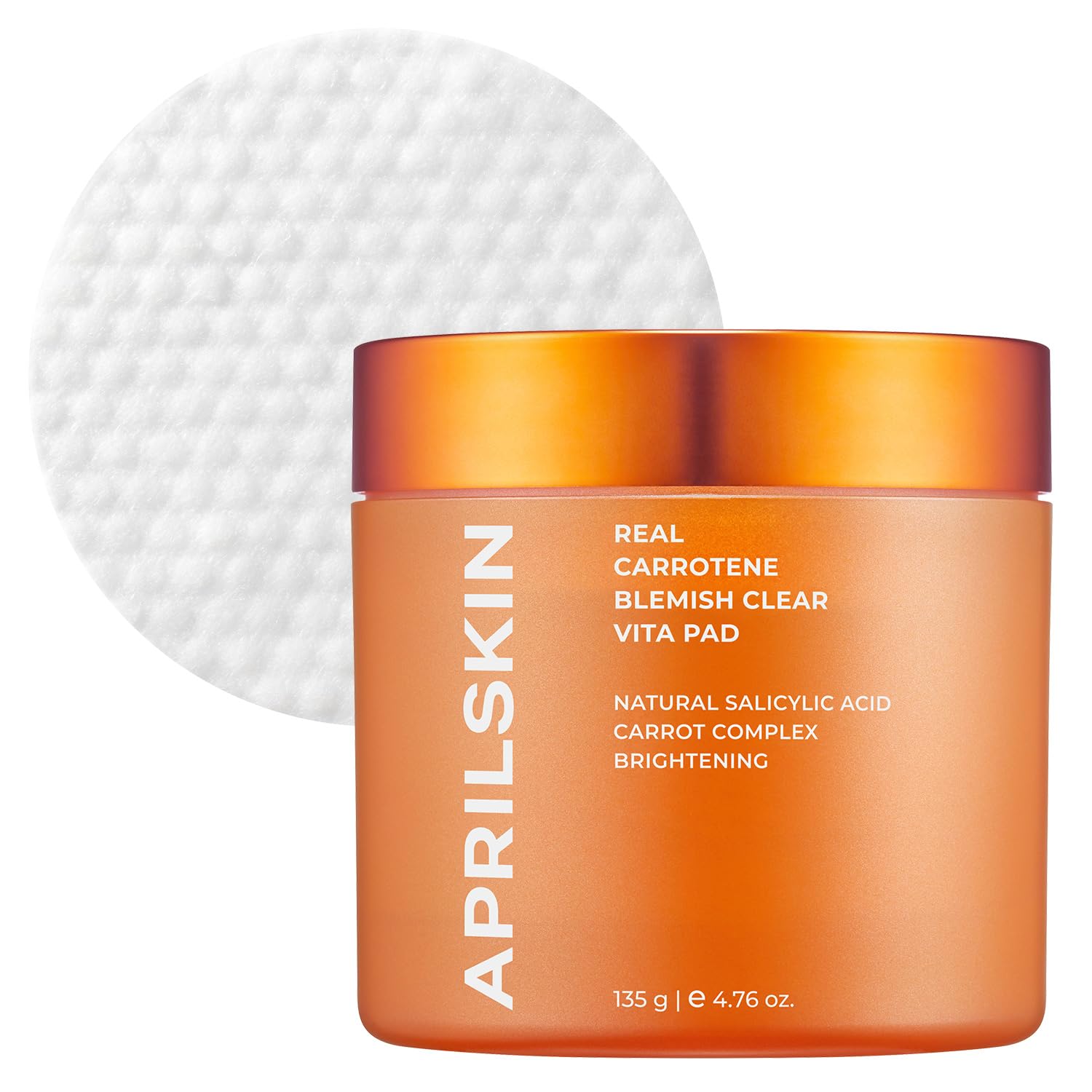 APRILSKIN Carrotene Aclaradoras, empaque frontal, exfoliantes suaves para piel grasa.