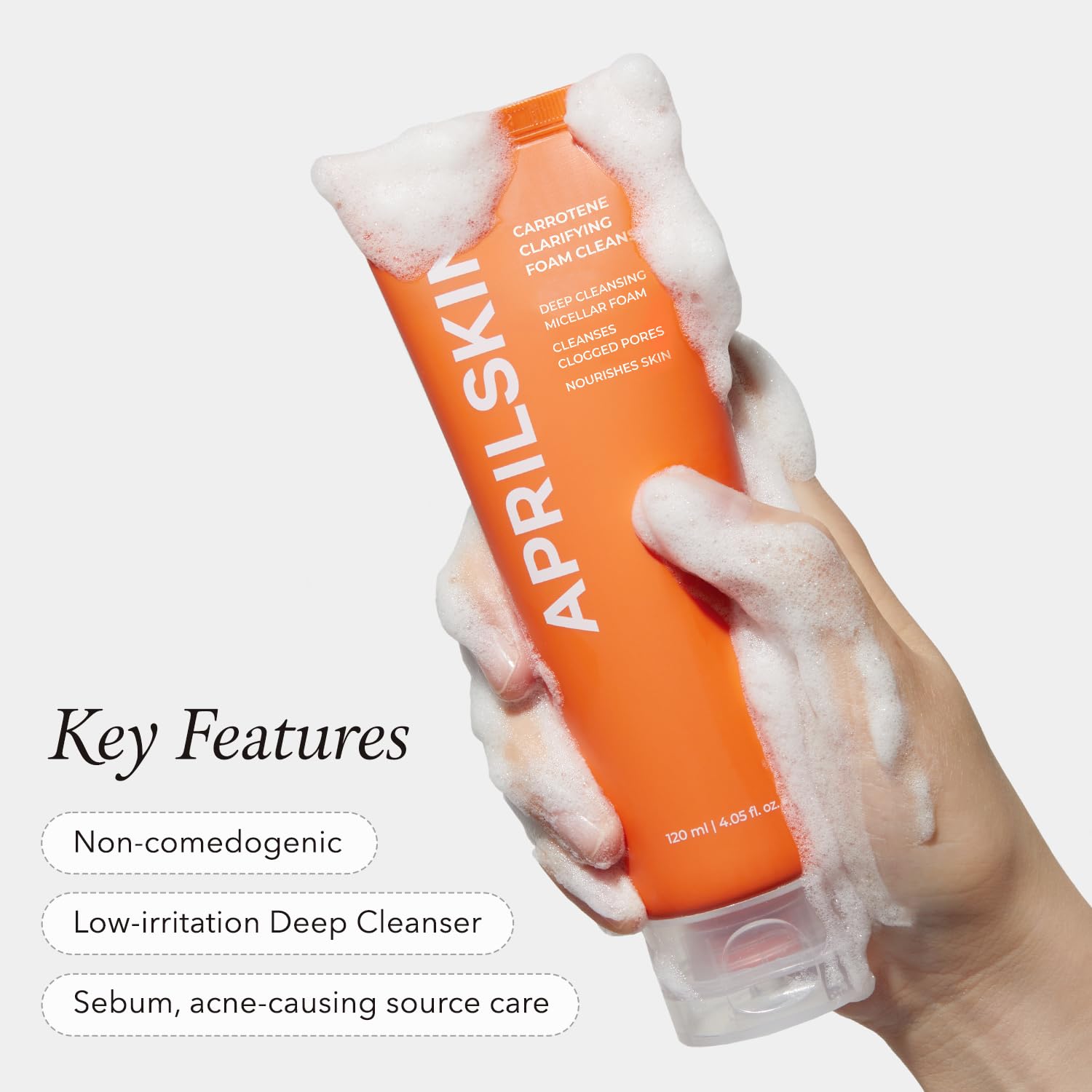 APRILSKIN Carrotene Clarifying Foam Cleanser beta-carotene ingredient illustration emphasizes antioxidant protection.