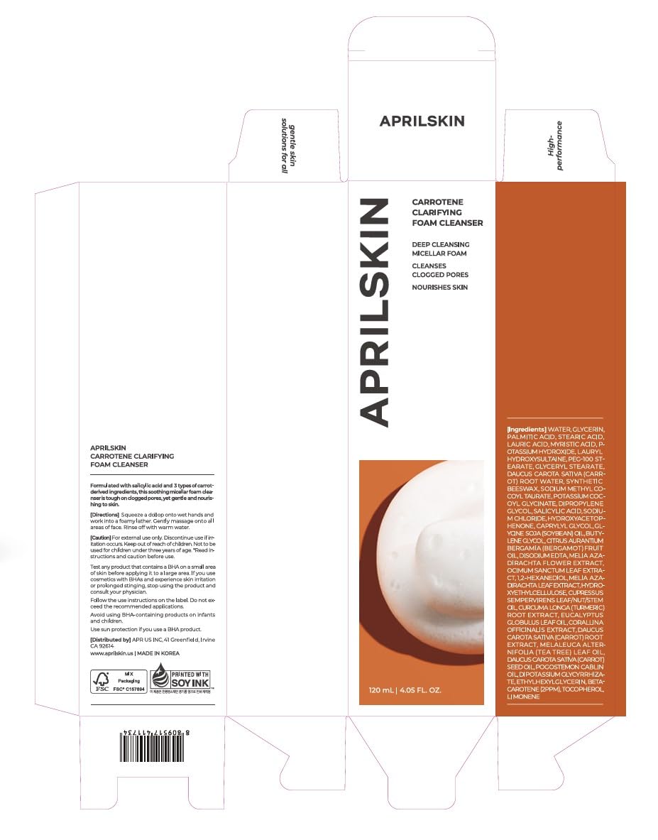 APRILSKIN Carrotene Clarifying Foam Cleanser close-up texture reveals creamy foam for gentle cleansing.
