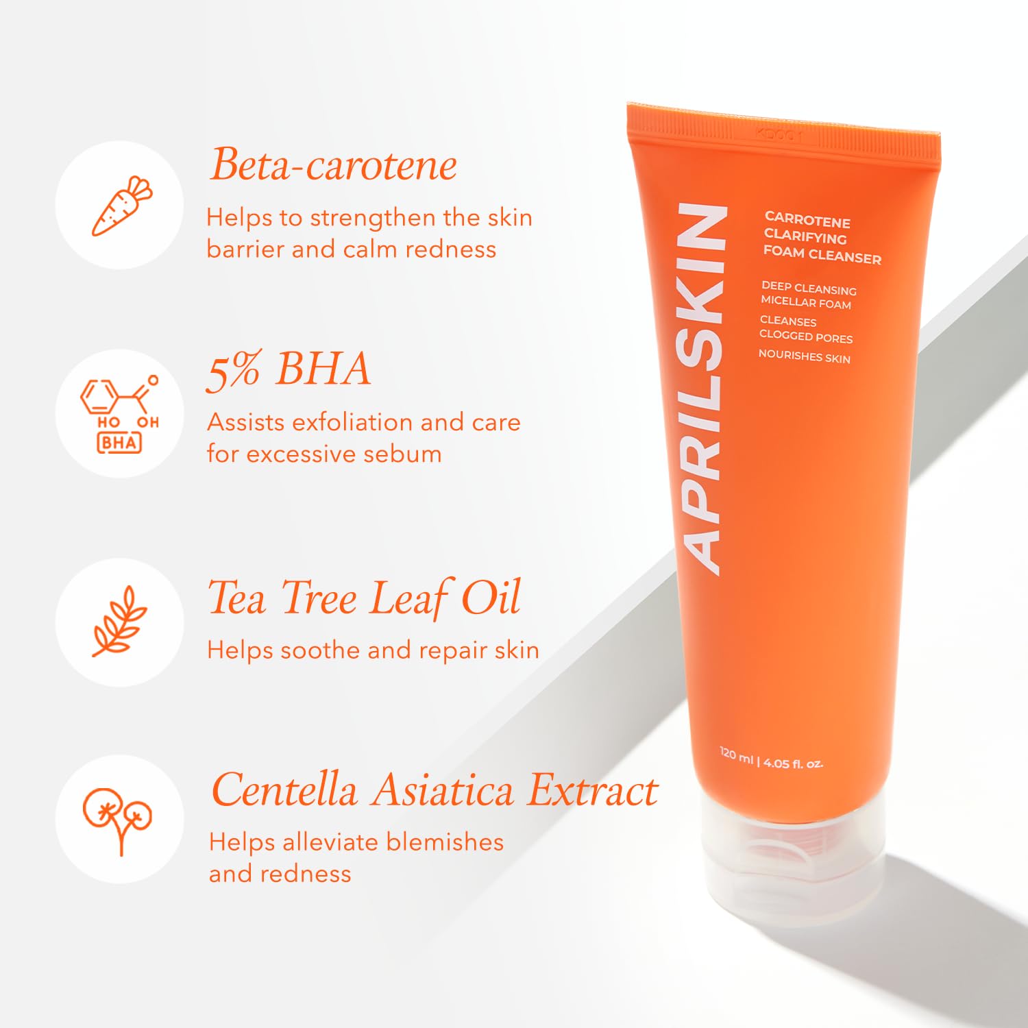 APRILSKIN Carrotene Clarifying Foam Cleanser foam lather demonstrates deep clean with BHAs and sebum control.