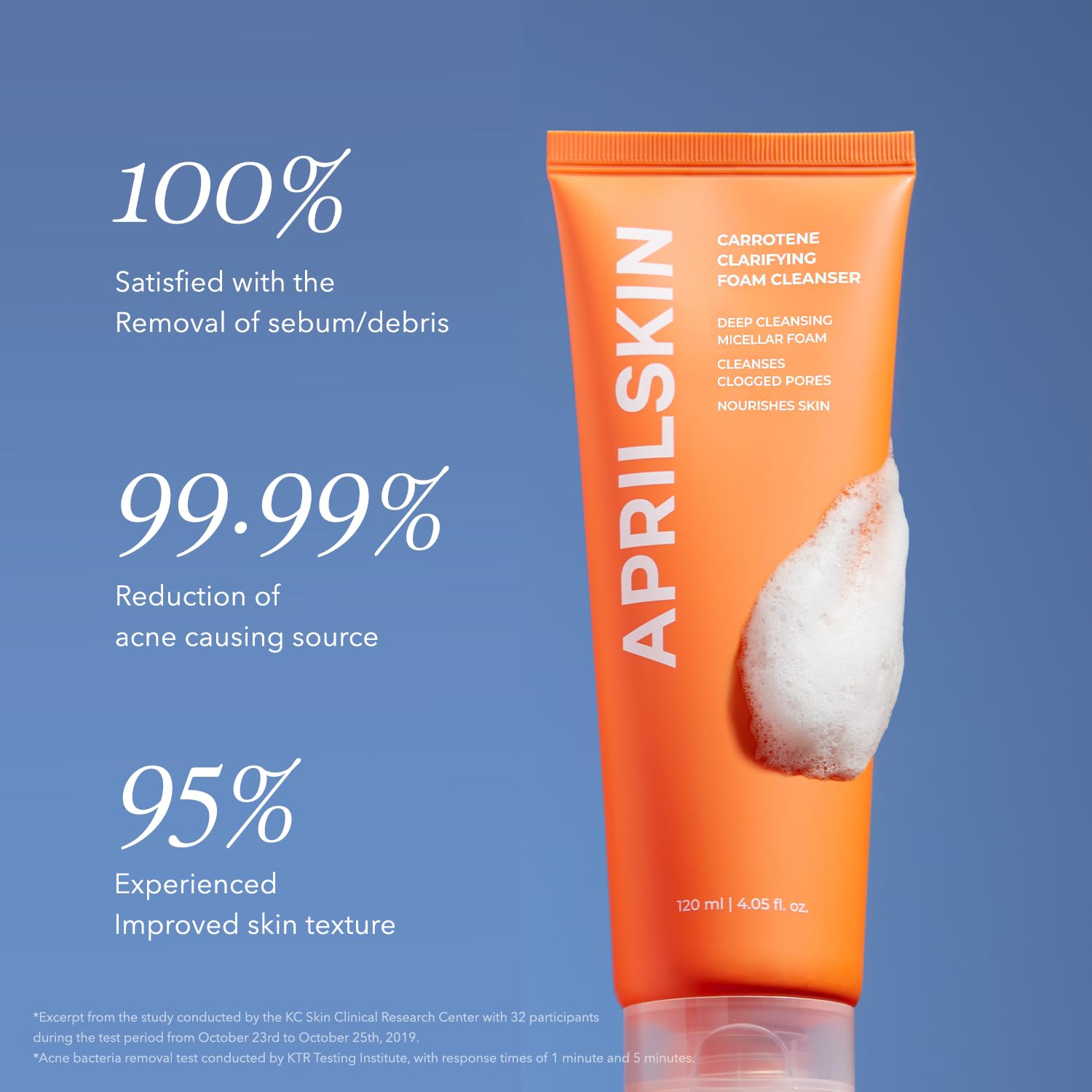APRILSKIN Carrotene Clarifying Foam Cleanser bottle close-up highlights salicylic acid for pore unclogging.