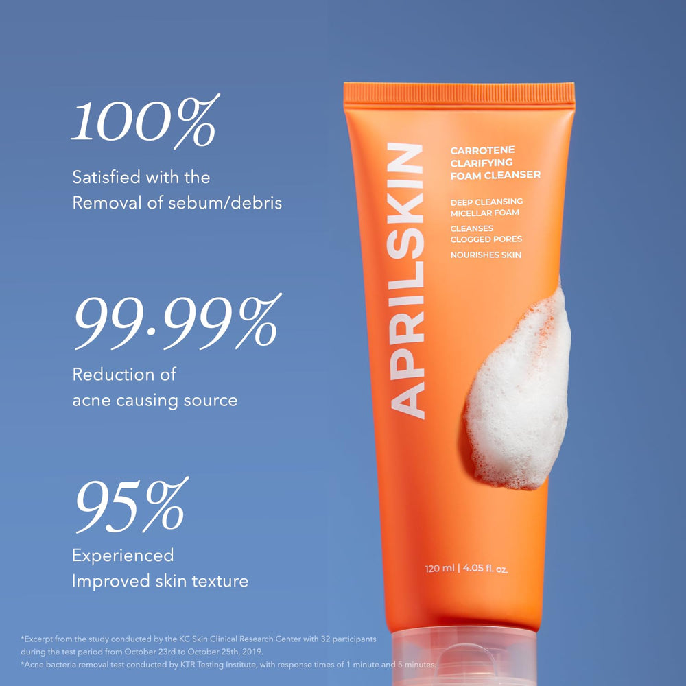APRILSKIN Carrotene Clarifying Foam Cleanser bottle close-up highlights salicylic acid for pore unclogging.