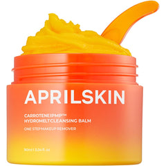 APRILSKIN Carrotene IPMP Hydromelt Balm jar demonstrates gentle makeup removal for sensitive skin.
