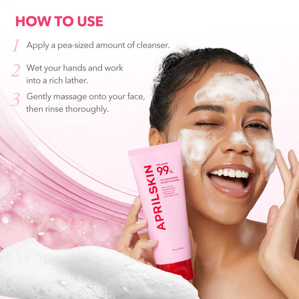 APRILSKIN Foam lather on fingertips for gentle makeup removal.