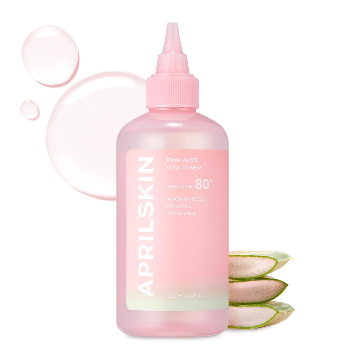 APRILSKIN Pink Aloe Vita Toner bottle close-up showing soothing hydration for sensitive skin