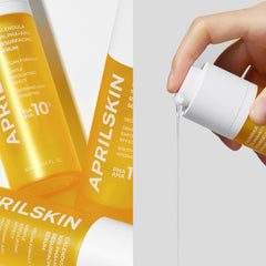 APRILSKIN serum texture lightweight closeup demonstrates fast-absorbing, gentle exfoliation.