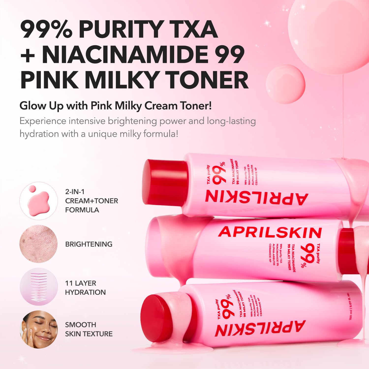 APRILSKIN TXA+Niacinamide 99 Pink Milky Toner bottle back-label with ingredients and usage
