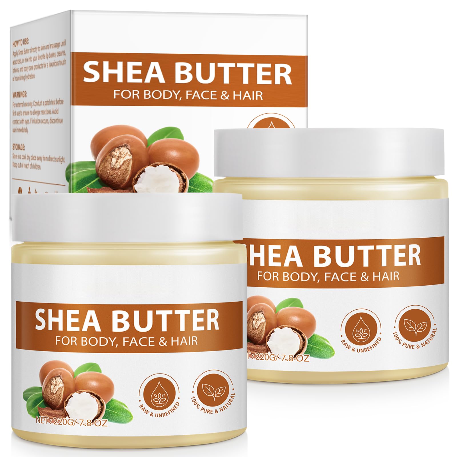 APUUFYQC Shea Butter Raw Organic 2-Pack packaging demonstrates natural hydration for dry skin.