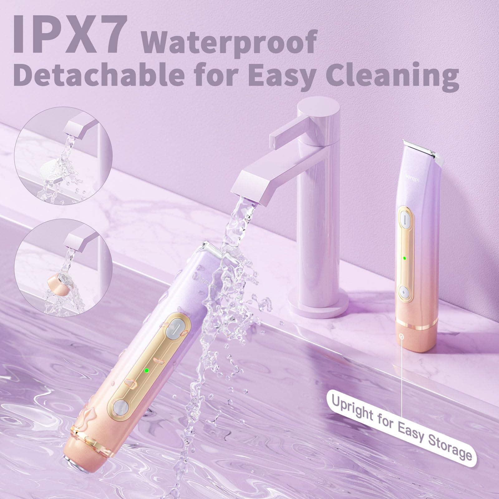 Aqeqpt Lady Bikini Shaver IPX7 waterproof with water droplets for wet or dry use