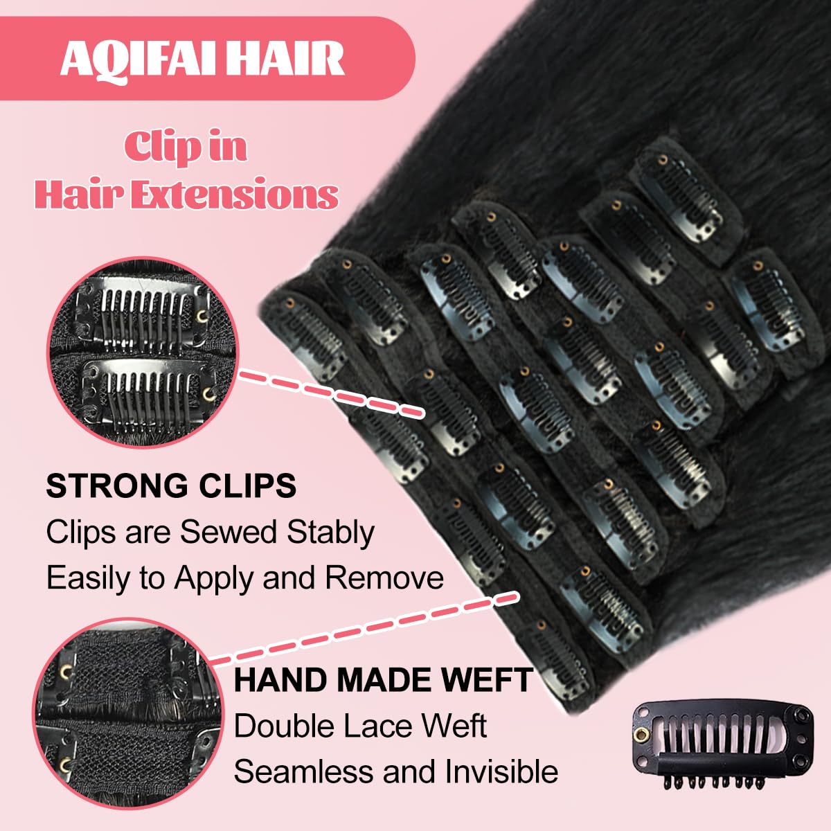 Aqifai clip-in hair 20-clips close-up showing secure, easy attachment.