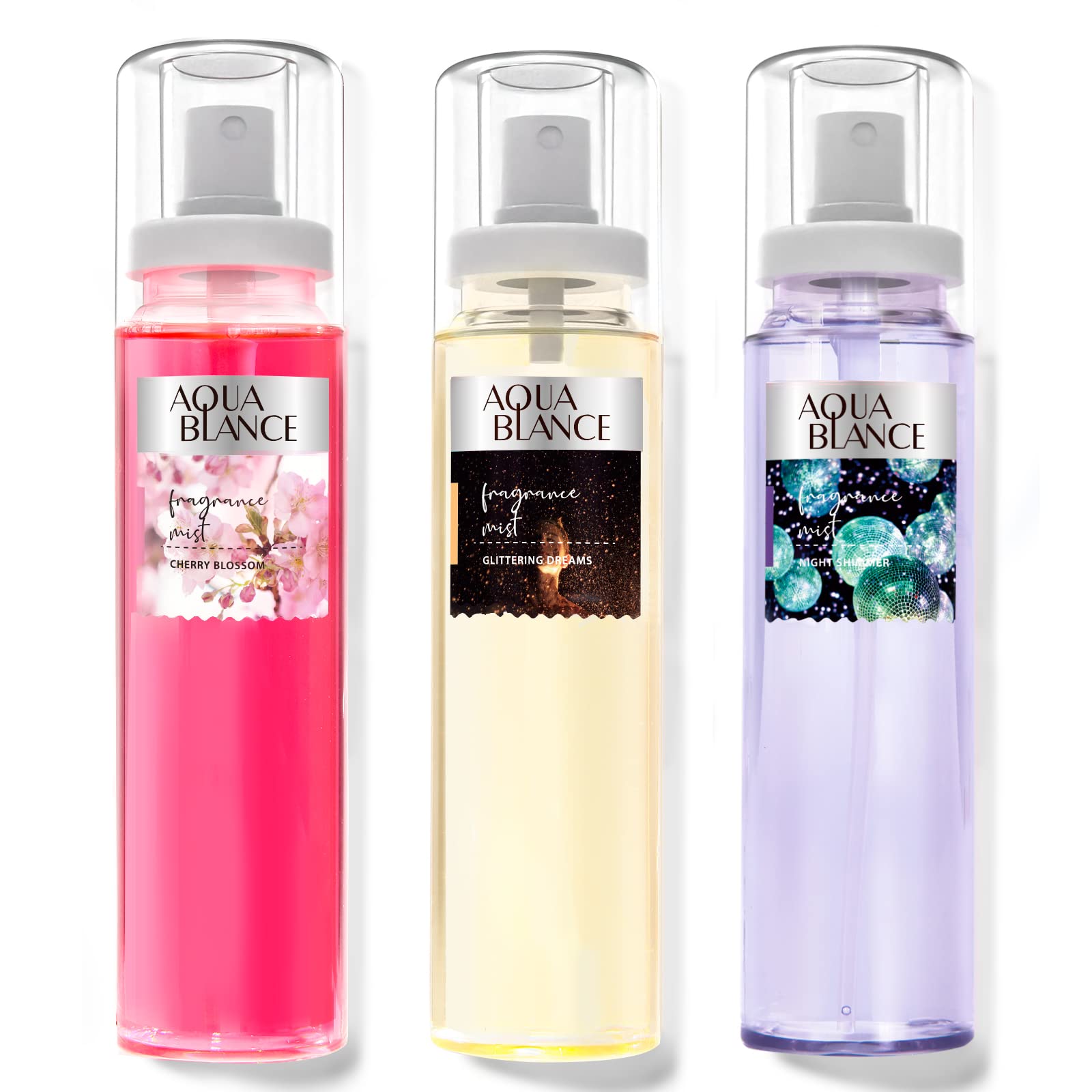 Aqua Blance body spray bottle closeup highlights a refreshing, long-lasting fragrance.