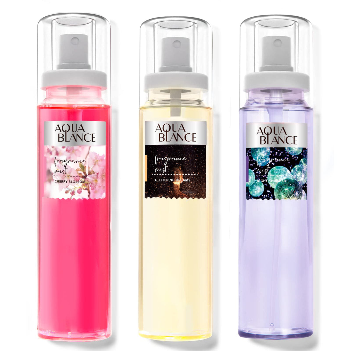 Aqua Blance body spray bottle closeup highlights a refreshing, long-lasting fragrance.